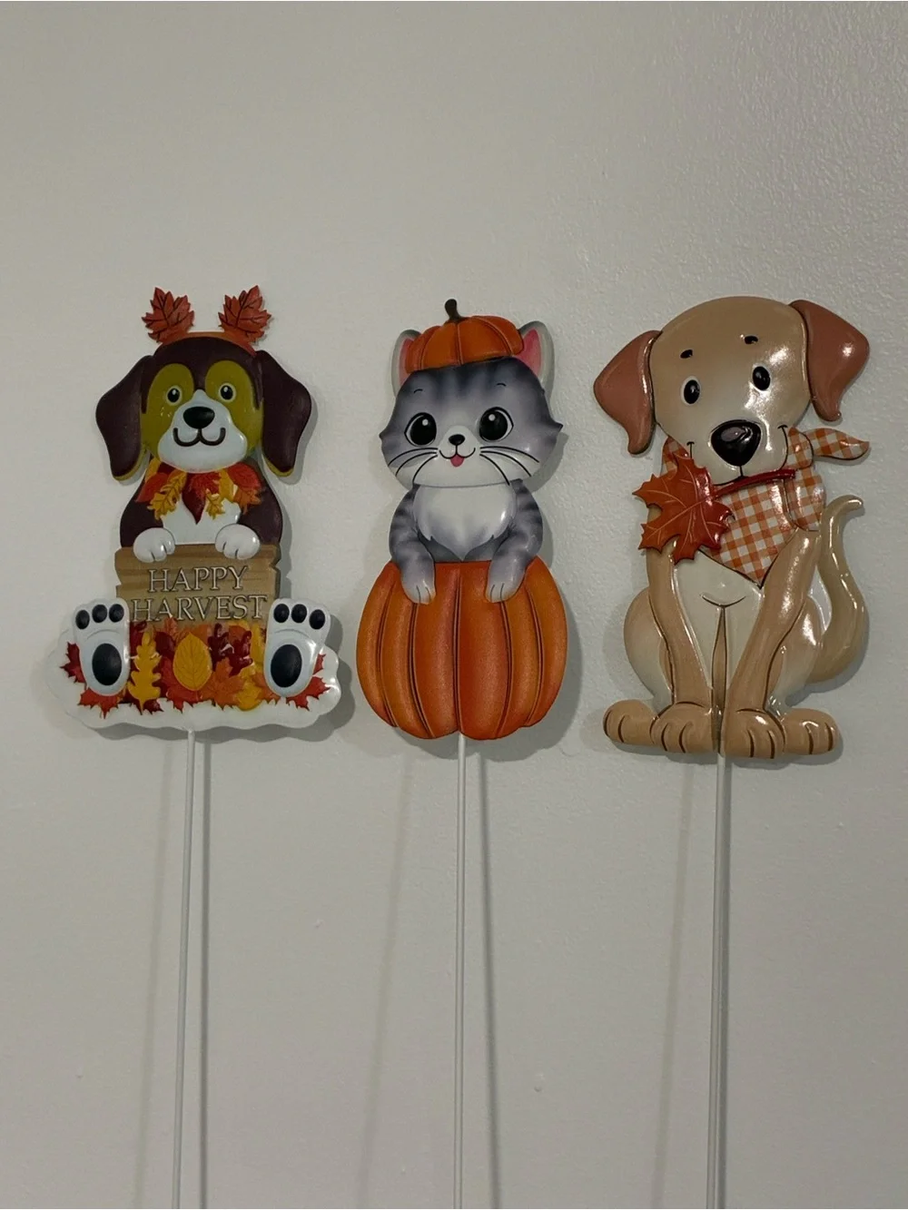 NWT- Set of 3- Adorable Fall Harvest Theme- Dog & Cat Metal Yard Stakes
